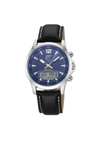Funkchronograph ETT "Professional World Timer", schwarz, blau, Armbanduhren, Herren, Funkchronograph, Armbanduhr, Solar, Herrenuhr, Lederarmband, analog, digital, Tag