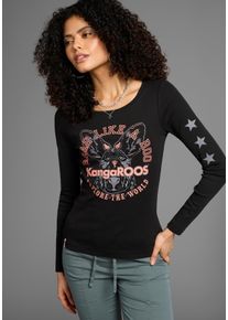 Langarmshirt Kangaroos, Damen, Gr. 44/46, schwarz (schwarz, bedruckt), Rippware, Obermaterial: 100% Baumwolle, sehr figurbetont h&uuml;ftbedeckend, Rundhals, Shirts Langarmshirt, Langarm, unifarben mit Farbeinsatz und Logodruck, Topseller