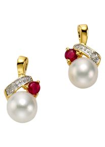 Paar Ohrstecker Firetti "Schmuck Geschenk Gold 333 Ohrschmuck Farbstein Edelstein Rubin", rot (gelbgoldfarben, wei&szlig;goldfarben, rot, rot), Ohrringe, Damen, 0,01 P1 = bei 10-facher Vergr&ouml;&szlig;erung erkennbare Einschl&uuml;sse, Diamanten Gelbgold 333 Perlen, Diamanten, Gelbgold 333, Perlen, Paar Ohrstecker, mit Rubin - mit S&uuml;&szlig;wasserzuchtperle - mit Diamanten