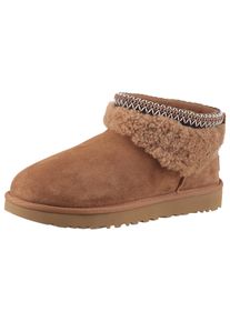 UGG Australia Schlupfboots UGG "CLASSIC ULTRA MINI MAXI CURLY", Damen, Gr. 8 (39), braun (chestnut), Lammfell, Veloursleder, Schuhe Schlupfboots, Winterstiefel, Snowboots mit Ethno-Textilband am Schaftrand