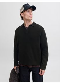 Jack & Jones Strickpullover JACK & JONES "JCOCOVER KNIT SPLIT NECK POLO", Herren, Gr. XL, schwarz, Strick, Obermaterial: 60% Polyester, 40% Baumwolle, unifarben, relaxed fit normal, Pullover Strickpullover