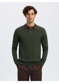 Polokragenpullover Selected "SLHBERG LS HALF ZIP POLO NOOS", Herren, Gr. S, forest night detail:twist, Strick, Obermaterial: 100% Baumwolle, unifarben, regular fit normal, Rundhals, Pullover Polokragenpullover