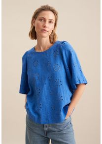 Shirtbluse Seidensticker "Schwarze Rose", Damen, Gr. L40, blau, 96% Leinen, 4% Polyester, unifarben, regular fit, Rundhals, Blusen Shirtbluse, 1/2 Rundhals Stickerei