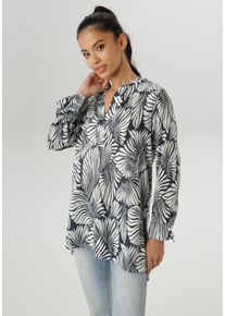 Schlupfbluse Aniston SELECTED, Damen, Gr. 44, blau (marine, wei&szlig;), Web, Obermaterial: 100% Viskose, bedruckt, gemustert, l&auml;ssig geschnitten lang, V-Ausschnitt, lange Manschette, Blusen Schlupfbluse, mit plakativen Bl&auml;tterdruck allover