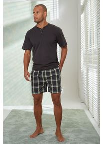 H.I.S. Pyjama H.I.S, Herren, Gr. 44/46, grau (grau, gr&uuml;n), Jersey, Obermaterial: 100% Baumwolle. Unterteil: 100% Baumwolle, kariert, Basic, bequem kurz, Rundhals, abgesteppte Kante, Homewear-Sets Pyjama, Schlafanzug mit karierter Webshorts, Topseller