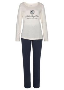 Pyjama Lascana, Damen, Gr. 44/46, blau (dunkelblau), Single Jersey, Obermaterial: 50% Baumwolle, 50% Viskose, bedruckt, gestreift, unifarben mit Farbeinsatz, bequem lang, Rundhals, Homewear-Sets Pyjama, mit Flockdruck