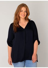 Shirtbluse Base Level Curvy "Yanina", Damen, Gr. 52, blau (dunkelblau), Web, Obermaterial: 100% Viskose, unifarben, figurumspielend h&uuml;ftbedeckend, V-Ausschnitt, mit Kn&ouml;pfen, Blusen Shirtbluse, mit V-Ausschnitt, Topseller