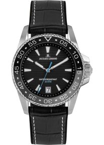 Quarzuhr Jacques Lemans "Liverpool Diver", schwarz (schwarz, schwarz), Armbanduhren, Herren, Quarzuhr, Armbanduhr, Herrenuhr, Lederarmband, analog, Tag