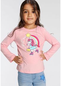 Langarmshirt Kidsworld "Einhorn auf Rollschuhen", M&auml;dchen, Gr. 104/110, rosa, Single Jersey, Obermaterial: 100% Baumwolle, bedruckt, Basic, Rundhals, abgesteppte Kante, Shirts Langarmshirt, Langarm, Basic-Passform, mit stylischem Druck und Glitzerdruck, Topseller