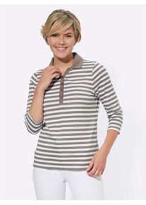 Poloshirt Casual Looks "Poloshirt", Damen, Gr. 42, grau (dunkeltaupe, wei&szlig;, geringelt), 100% Baumwolle, bedruckt, gemustert, gestreift, mehrfarbig, Shirts Poloshirt