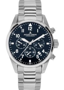 Chronograph Jacques Lemans "Barcelona", silber (silberfarben, dunkelblau), Armbanduhren, Herren, Chronograph, Quarzuhr, Armbanduhr, Herrenuhr, Edelstahlarmband,bis 10 bar wasserd.
