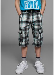 Shorts Kidsworld "2tlg. Bermudas mit G&uuml;rtel, Karierte Cargo-Bermudas", Jungen, Gr. 128, N-Gr, bunt (anthrazit, t&uuml;rkis, kariert), Twill, Obermaterial: 100% Baumwolle, kariert, Basic, Hosen Shorts, mit Textilg&uuml;rtel