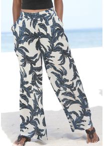 Palazzohose s.Oliver, Damen, Gr. 46, N-Gr, beige (sand, blau, bedruckt), Cr&ecirc;pe, Obermaterial: 100% Viskose, bedruckt, figurumspielend lang, Hosen Palazzohose, aus gekreppter Viskose mit Allover-Druck und Taschen, Stoffhose