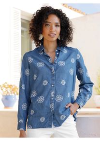 Jeansbluse Heine, Damen, Gr. 46, blau, bleached, 100% Baumwolle, gebl&uuml;mt, gemustert, mehrfarbig, Rundhals, Blusen Jeansbluse