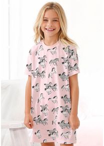 Nachthemd Petite Fleur, M&auml;dchen, Gr. 146/152, N-Gr, grau (rosa, grau, meliert), Jersey, Obermaterial: 100% Baumwolle, bedruckt, Basic, bequem kniefrei, Rundhals, abgesteppte Kante, Kleider Nachthemd, mit Allover Pferde-Druck