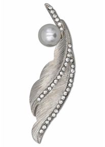 Brosche Firetti "Schmuck Geschenk Ansteckschmuck geschwungene Blattoptik mit Struktur", wei&szlig; (metallfarben, wei&szlig;, wei&szlig;), Broschen, Damen, Metall, Perlen, Brosche, mit Glassteinen - mit Kunststoffperle