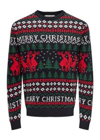 Only & Sons Rundhalspullover ONLY & SONS "ONSX-MAX REG DEER CREW KNIT", Herren, Gr. S, blau (schwarz navy), Strick, Obermaterial: 100% Baumwolle, gemustert, regular fit, Rundhals, Rippb&uuml;ndchen, Pullover Rundhalspullover