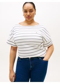 Kurzarmshirt Tommy Hilfiger Curve "CRV MDRN CODY CAP SLV C-NK TEE", Damen, Gr. 50, breton, ecu, schwarz night navy, Single Jersey, Obermaterial: 100% Baumwolle, gestreift, normal, U-Boot-Ausschnitt, Shirts Kurzarmshirt, in gro&szlig;en Gr&ouml;&szlig;en