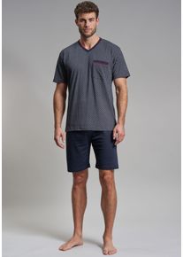 G&ouml;tzburg Shorty G&Ouml;TZBURG "Manhattan", Herren, Gr. 52L, blau (navy), Single Jersey, Obermaterial: 100% Baumwolle, bedruckt, gemustert, bequem kniefrei, V-Ausschnitt, Homewear-Sets Shorty, Kurzarm, V-Ausschnitt, kurze Hose, Baumwolle, weich