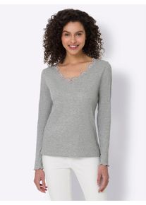 Langarmshirt Heine "Langarm-Shirt", Damen, Gr. 34, grau (hellgrau, meliert), 85% Baumwolle, 10% Viskose, 5% Elasthan, meliert, unifarben, V-Ausschnitt, Shirts Langarmshirt