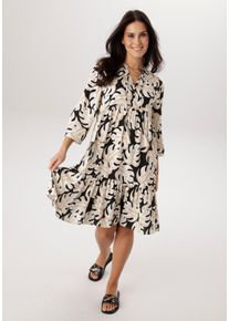 Blusenkleid Aniston SELECTED, Damen, Gr. 40, N-Gr, camel, beige, schwarz, Web, Obermaterial: 100% Viskose, bedruckt, gebl&uuml;mt, gemustert, l&auml;ssig geschnitten knieumspielend, V-Ausschnitt, 1-Knopf-Manschette, Kleider Blusenkleid, mit V-Ausschnitt und mit Bindeb&auml;ndern und Quasten - NEUE KOLLEKTION, Topseller