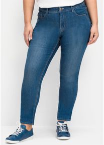 Stretch-Jeans sheego, Damen, Gr. 42, Normalgr&ouml;&szlig;en, blau (blau denim), 75% Baumwolle, 24% Polyester, 1% Elasthan, unifarben, lang, Jeans Stretch-Jeans