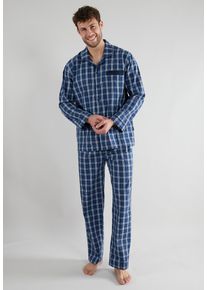 G&ouml;tzburg Schlafanzug G&Ouml;TZBURG "Clubhouse", Herren, Gr. 54 (XL), blau (blau, dunkel, karo), Single Jersey, Obermaterial: 100% Baumwolle, kariert, lang, V-Ausschnitt, Homewear-Sets Schlafanzug, Karomuster, Brusttasche, Baumwolle, k&uuml;hlender Effekt, weich