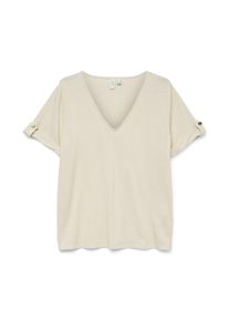 V&eacute;ro Moda Kurzarmshirt VERO MODA "VMBAILEY S/S V-NECK T-SHIRT JRS BTQ GA", Damen, Gr. XS, wei&szlig; (snow wei&szlig; stripes:gold lurex, button), Jersey, Obermaterial: 75% Polyester, 20% metallisierte Fasern, 5% Elasthan, gestreift, Shirts Kurzarmshirt