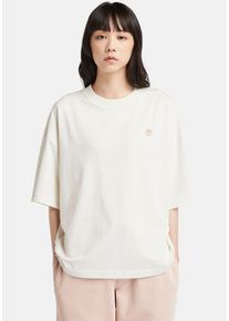 T-Shirt Timberland "DUNSTAN SHORT SLEEVE OVERSIZE TEE", Damen, Gr. L, wei&szlig; (vintage wei&szlig;), Jersey, Obermaterial: 100% Baumwolle, unifarben, Rundhals, offene Kante, Shirts T-Shirt, in gro&szlig;en Gr&ouml;&szlig;en