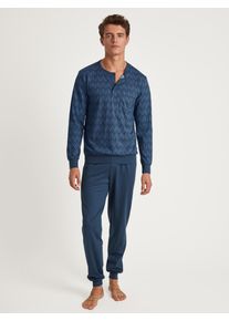 Schlafanzug Calida "Relax Imprint 2", Herren, Gr. S (46/48), blau (coronet blau), Obermaterial: 100% Baumwolle, gemustert, unifarben, bequem lang, Rundhals, angesetztes B&uuml;ndchen, Homewear-Sets Schlafanzug, mit kleiner Knopfleiste