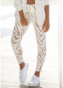 Leggings Lascana, Damen, Gr. 44/46, N-Gr, beige (creme), Jersey, Obermaterial: 95% Baumwolle, 5% Elasthan, gemustert, figurbetont lang, Hosen Leggings, mit Zebramuster und breitem Bund, Loungewear, Topseller