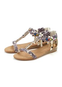 Sandale Lascana "Sommerschuh, Sandalette", Damen, Gr. 41, beige (creme), Obermaterial: 50% Lederimitat, 50% Textilmaterial. Decksohle: 100% Lederimitat. Futter: 100% Lederimitat. Laufsohle: 100% Synthetik, mehrfarbig, Schuhe Sandale, mit Schmuckkettchen und Schmucksteinen im Festival-Look VEGAN, Topseller