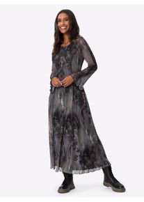 Druckkleid Heine "Druck-Kleid", Damen, Gr. 34, Normalgr&ouml;&szlig;en, schwarz (dunkeltaupe, schwarz, bedruckt), Jersey, 96% Polyester, 4% Elasthan, bedruckt, gemustert, mehrfarbig, lang, Rundhals, Kleider Druckkleid