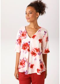 Schlupfbluse Aniston CASUAL, Damen, Gr. 42, rosa, wollwei&szlig;, rot, dunkelrot, lila, flieder, Web, Obermaterial: 100% Viskose, bedruckt, gebl&uuml;mt, l&auml;ssig geschnitten h&uuml;ftbedeckend, V-Ausschnitt, weit, Blusen Schlupfbluse, mit romantischen Bl&uuml;ten bedruckt - NEUE KOLLEKTION, Topseller