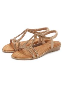 Sandale Vivance "Sandalette, Sommerschuh", Damen, Gr. 43, gold (goldfarben), Obermaterial: 100% Lederimitat. Decksohle: 100% Lederimitat. Futter: 100% Lederimitat. Laufsohle: 100% Synthetik, Glitzer, unifarben, Schuhe Sandale, mit Glitzer Verzierungen und elastischen Riemchen, Topseller