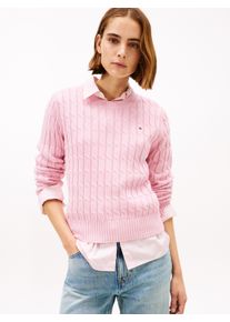 Rundhalspullover Tommy Hilfiger "CO CABLE MID GG C-NK LS SWT", Damen, Gr. XS (34), pink, Strick, Obermaterial: 100% Baumwolle, unifarben, regular fit normal, Rundhals, Rippb&uuml;ndchen, Pullover Rundhalspullover, mit Zopfmuster