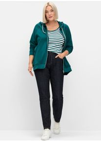 Kurzarmshirt sheego "T-Shirt", Damen, Gr. 48, blau (petrol, wei&szlig;), 100% Baumwolle, gemustert, gestreift, mehrfarbig, Rundhals, Shirts Kurzarmshirt