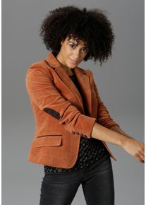 Jackenblazer Aniston CASUAL, Damen, Gr. 44, braun (zimt), Web, Obermaterial: 97% Baumwolle, 3% Elasthan. Futter: 100% Polyester, unifarben, figurbetont h&uuml;ftlang, normaler Saum mit Kn&ouml;pfen, Blazer Jackenblazer, mit Stoff-Einfassungen und &Auml;rmelpatches, Topseller
