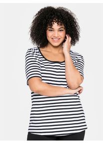 Kurzarmshirt sheego "T-Shirt", Damen, Gr. 52, schwarz-wei&szlig; (schwarz, wei&szlig;), 100% Baumwolle, gemustert, gestreift, mehrfarbig, Rundhals, Shirts Kurzarmshirt