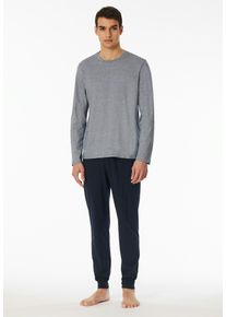 Schlafanzug Schiesser "Casual Essentials", Herren, Gr. 48, blau (804, nachtblau), Single Jersey, Obermaterial: 100% Baumwolle, unifarben, bequem lang, Rundhals, Homewear-Sets Schlafanzug, mit feinen, gestrickten Ringeln