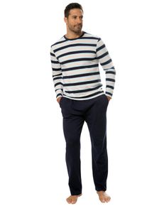 H.I.S. Pyjama H.I.S, Herren, Gr. 44/46 (S), bunt (navy, beige, navy, hellblau, gestreift), Jersey, Obermaterial: 100% Baumwolle, gestreift, Basic, bequem, Rundhals, abgesteppte Kante, Homewear-Sets Pyjama, Schlafanzug in sch&ouml;ner Streifenoptik