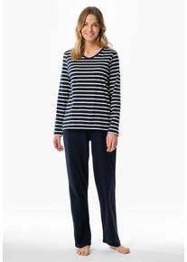 Schlafanzug Schiesser "Casual Essentials", Damen, Gr. 46, blau (804, nachtblau), Single Jersey, Obermaterial: 100% Baumwolle, gestreift, unifarben, bequem lang, V-Ausschnitt, Homewear-Sets Schlafanzug, Baumwolle, V-Ausschnitt, lang&auml;rmelig