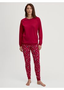 Schlafanzug Calida "Family & Friends", Damen, Gr. S (40/42), deep rot, Interlock, Obermaterial: 100% Baumwolle, bedruckt, bequem normal, Rundhals, angesetztes B&uuml;ndchen, Homewear-Sets Schlafanzug, Langarm, Rundhalsausschnitt, Weihnachts-Motive