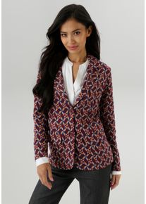 Kurzblazer Aniston SELECTED, Damen, Gr. 38, gr&uuml;n (bordeaux, camel, blau), Jersey, Obermaterial: 75% Polyester, 25% Viskose, Jacquardmuster, gemustert, figurbetont h&uuml;ftlang, Blazer Kurzblazer, in trendy Jacquard-Qualit&auml;t