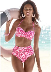B&uuml;gel-Bandeau-Bikini-Top Vivance "Leni", Damen, Gr. 32, Cup A, wei&szlig; (neonpink, wei&szlig;), Microfaser, bedruckt, floral, Bikini-Oberteile B&uuml;gel-Bandeau-Bikini-Top, mit gelaserter Wellenkante