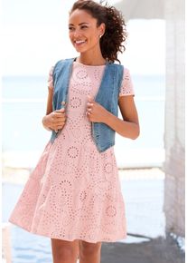 Spitzenkleid Buffalo, Damen, Gr. 36, N-Gr, lila (mauve), Web, Obermaterial: 100% Baumwolle. Futter: 100% Viskose, unifarben, figurumspielend ca. Mitte Oberschenkel, Rundhals, Kleider Spitzenkleid, kurzes Sommerkleid aus Lochstickerei, Eyelet, Topseller