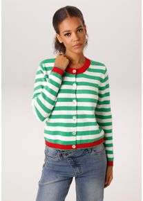 Strickjacke Aniston CASUAL, Herren, Gr. 44, gr&uuml;n, wollwei&szlig;, rot, Strick, Obermaterial: 100% Baumwolle, gemustert, geringelt, gestreift, figurumspielend h&uuml;ftlang, Rundhals, Rippstrickb&uuml;ndchen, Strickjacken Strickjacke, im trendigen Streifen-Dessin - NEUE KOLLEKTION