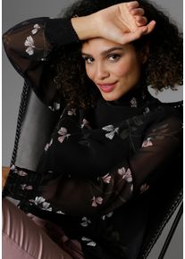 Schlupfbluse Aniston SELECTED, Damen, Gr. 42, schwarz (schwarz, altrosa, olivgr&uuml;n, wei&szlig;), Chiffon, Obermaterial: 100% Polyester. Futter: 95% Viskose, 5% Elasthan, bedruckt, gebl&uuml;mt, leicht transparent, l&auml;ssig geschnitten h&uuml;ftbedeckend, Smokb&uuml;ndchen, Blusen Schlupfbluse, mit Smok-Eins&auml;tzen, Topseller