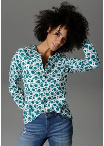 Schlupfbluse Aniston CASUAL, Damen, Gr. 36, gr&uuml;n (gr&uuml;n, wei&szlig;), Web, Obermaterial: 100% Viskose, bedruckt, figurumspielend Po-bedeckend, Rundhals, &Auml;rmel mit &Auml;rmelschlitz 1-Knopf-Manschette krempelbar, Blusen Schlupfbluse, mit krempelbaren &Auml;rmeln