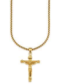 Kette mit Anh&auml;nger Bruno Banani "Schmuck Geschenk Halskette Kreuz Gravur INRI Venezianerkette", gold (gelbgoldfarben), Halsketten, Herren, Edelstahl, L: 55 B: 3mm, Kette mit Anh&auml;nger, B:3mm